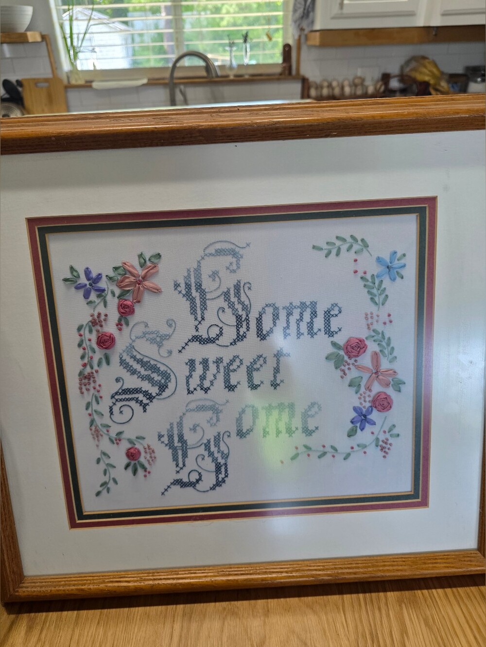 Framed 'Home Sweet Home' Cross Stitch with Floral Ribbon Embroidery
